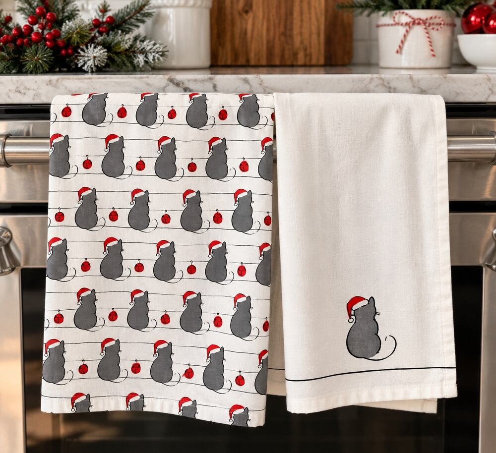 Cooksmart England Christmas Cat Tea Towels Set of 2 100% Cotton Santa Holiday